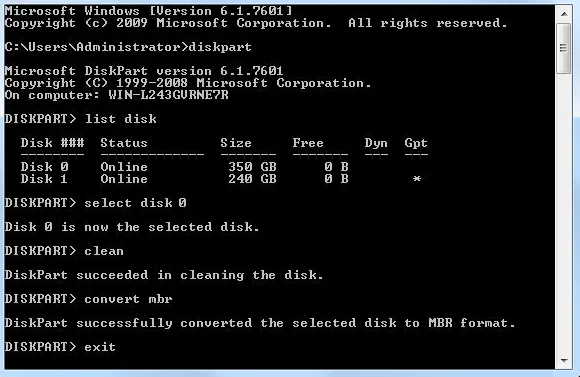 Diskpart GPT MBR Dönüştürme