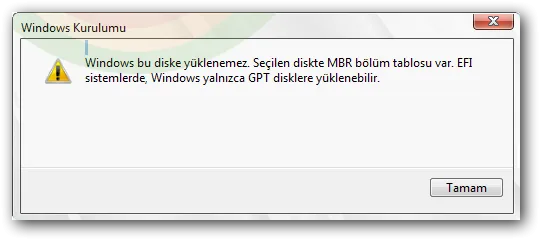 Windows Bu Diske Yüklenemez Hatası